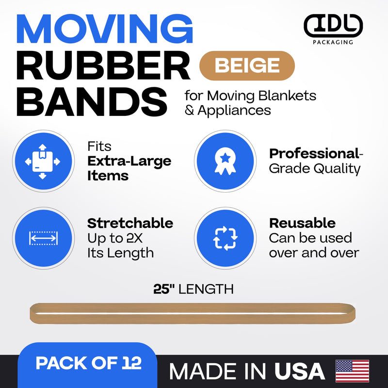Beige Moving Bands 25", Pack of 12 - USA-Made Mover Rubber Straps for Furniture, Boxes & Moving Blankets - Strong, Elastic & Flexible, 80% Natural Rubber Bands for Shipping & Storage by IDL Packaging 25", Beige