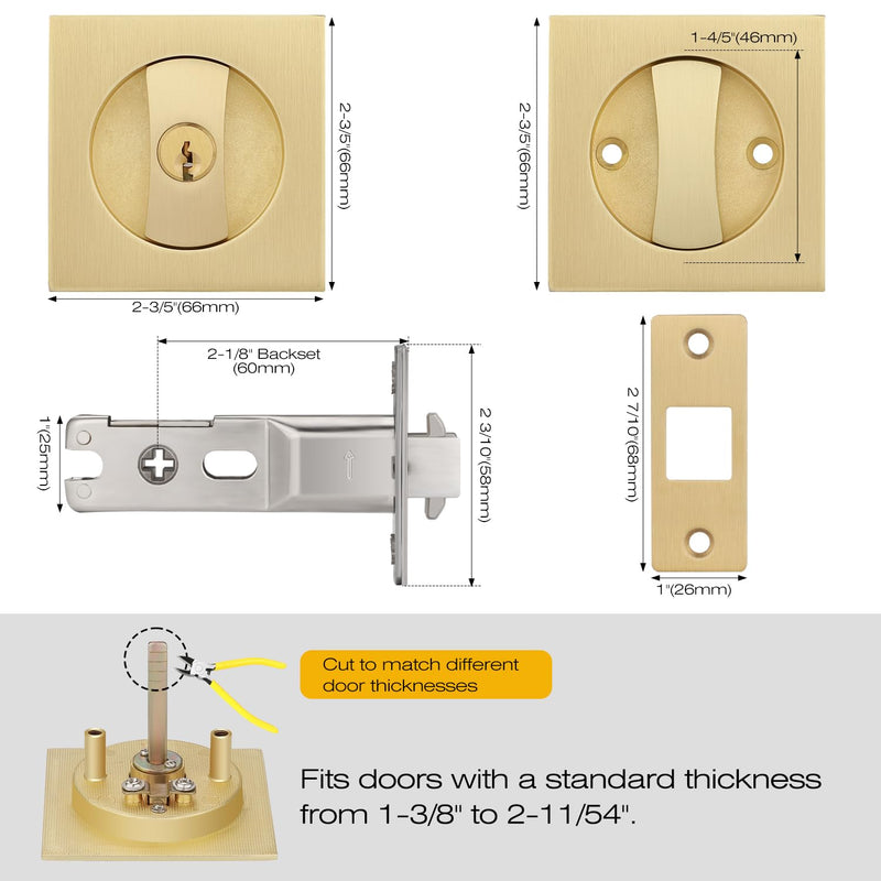 EHOMEWARE 1 Pack Brushed Gold Pocket Door Lock, Keyed Alike Pocket Door Hardware, Modern Recessed Pocket Door Handles, Heavy Duty Sliding Door Lock, Left/Right Reversible Entry Door Lock-1 Pack Satin Brass