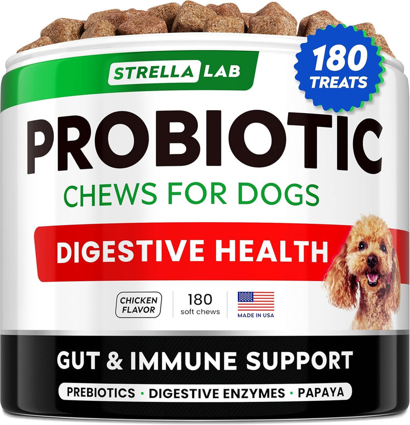 STRELLALAB Dog Probiotics Chews + Enzymes Gut Health Support - Anti Gas, Diarrhea and Upset Stomach Immune Supplement - Digestion Treats with Fiber (180Ct, Chicken) 180Ct (Chicken)