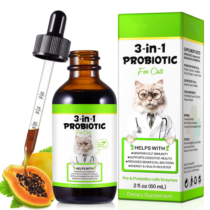 Probiotics for Cats Liquid, Cat Probiotic, 3 in 1 Cat Probiotics Supplement with Prebiotic & Digestive Enzymes | Support Gut Health, Diarrhea and Constipation Relief, Suitable for All Cats, 60 ml