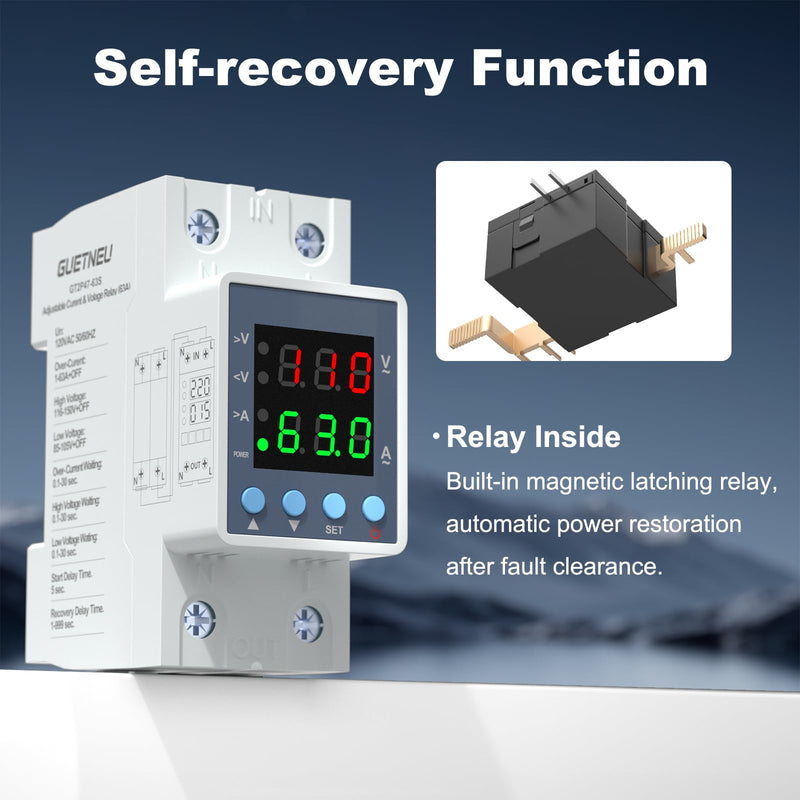 Multifunctional Over/Under Voltage Protector, 120VAC 63A, Current & Voltage Adjustable Protective Relay, LED Display, DIN Rail Mount