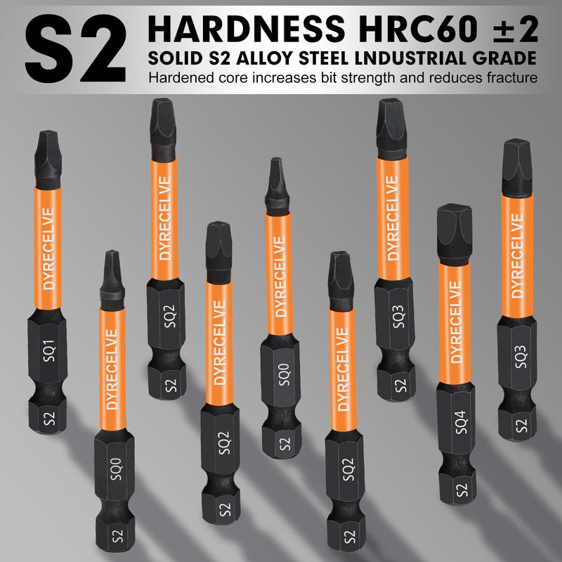 12-Pack Square Drive Bits- PREMIUM S2 Alloy Steel Square Bit Set Magnetic Heads- Robertson Square Drill Bit Set (Long 2.55"& Hex Shank) Square Head Screwdriver Sizes #0, 1, 2, 3, and #4 Black