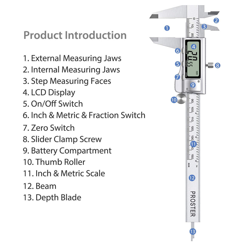 Proster Digital Vernier Caliper 6inch 150mm - Electronic Caliper Fraction/Inch/Metric Dial Caliper for Length Width Depth Inner Outer Diameter, with 32 Feeler Gauges 150 Mm/6 Inch