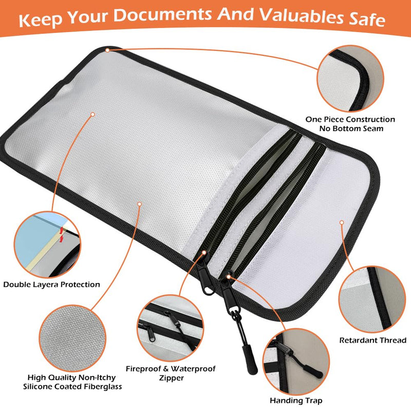 Fireproof Waterproof Document Bag - 2000℉ Protection, Upgraded Two Pockets, Reflective Strips | 2 Sizes (5x8in & 11x15in) | Certified Fire Safe Bag for Cash, Passports & Legal Files Black