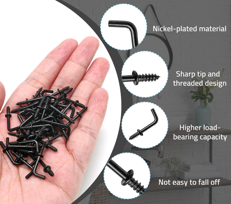 Biaungdo 100 Pack 1/2" L Hooks, Black Screw in Hooks Small L Shaped Hooks Right Angle Screw Hooks 7 Shape Hook Mini Self Tapping Screw Hooks Tiny Metal Screw Hooks for Hanging 1/2"