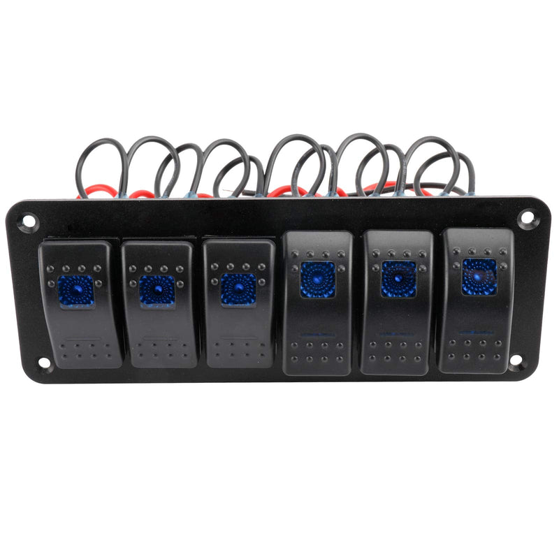 Amarine Made 12-24V Boat Switch Panel Illuminated Rocker Switch Aluminum Pre-Wired Panel 6 Gang Toggle Switches Dash 5 Pin ON/Off 2 LED Backlit for Bus Boat Car Marine Blue LED IP65 (6 Gang)