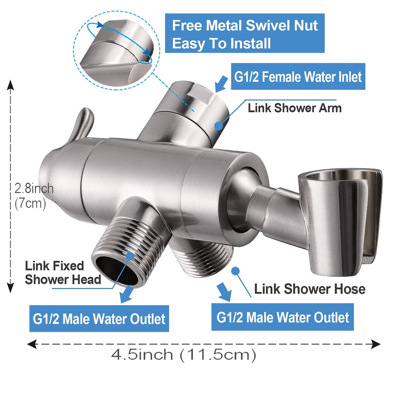 Shower Arm Diverter with Handshower Mount, G1/2 Brass Shower Diverter Valve Bathroom Universal Shower System Replacement for Handheld Shower and Fixed Shower Head, Brushed Nickel