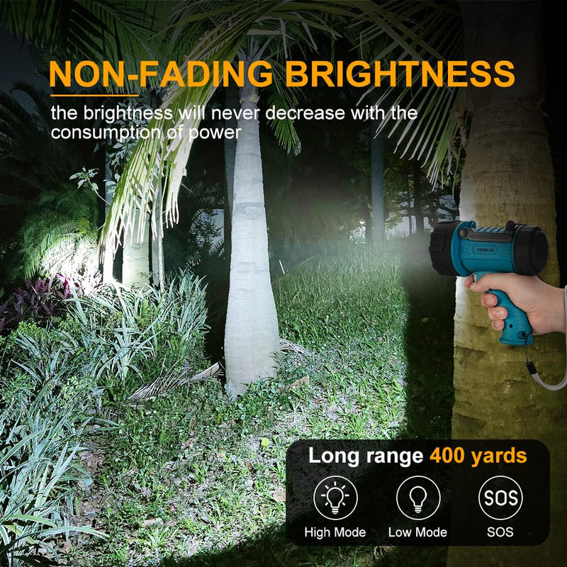 YIERBLUE Rechargeable Spotlight, Super Bright 90,000 High Lumen LED IP67 Waterproof Handheld Spotlight Long Lasting Large Flashlight Searchlight with Detachable Red Light Filter Green