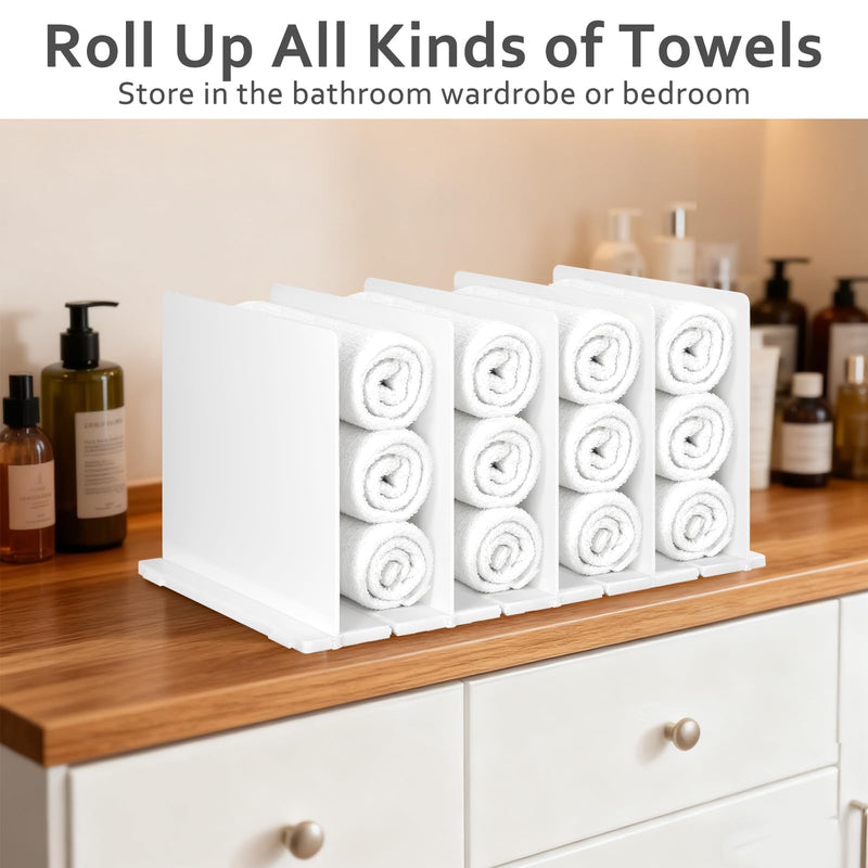 Towel Organizer for Closet, White Interlocking Towels Rack Storage, Space Saving Bathroom & Cabinet Under Sink Closet Towel Organizer, Beach & Bath Towel Holder (Partition 5)