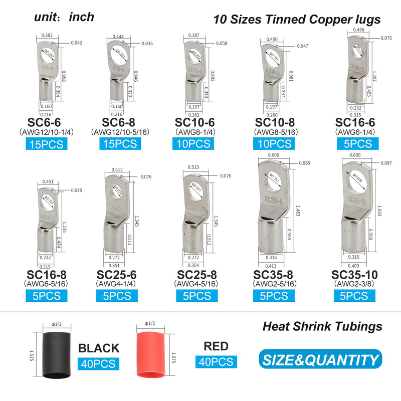 Thick Copper lugs，Electric Wire Lugs，AWG2 4 6 8 10 12Gauge，80Pcs Tinned Heavy Duty Battery Cable Lugs Ends Ring Terminal Connectors with 80Pcs 3:1 Heat Shrink Tubing Assortment Kit（160pcs） Tinned Copper
