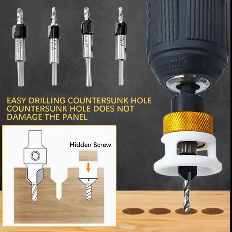 Countersink Drill Bits Set with Low Friction Depth Stop, 1/4" Quick Change Hex Shank Countersink Drill with Replaceable HSS Pilot Drill Bit, Counter Sink Drill Bit for Woodworking