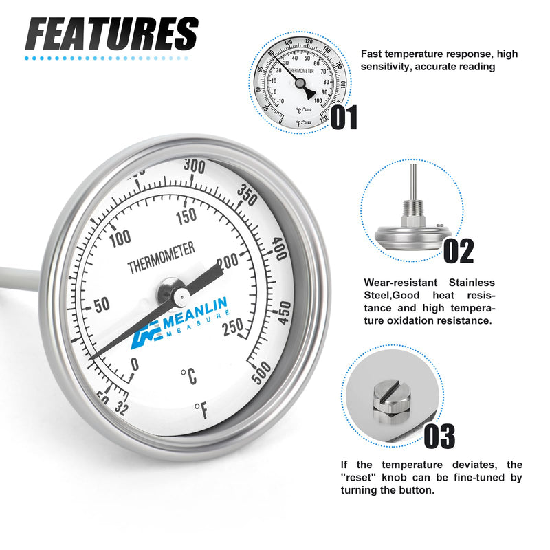 MEANLIN MEASURE 2PCS 1/2" NPT Bimetal Thermometer, 3" Dial, 4.3" Stainless Steel Stem, Accuracy 2%, Center Back Mount, Temperature Range 50-500°F/0-250°C for Hot Water, Boilers and Pipes 4.3" Rod (Center Back Mount)