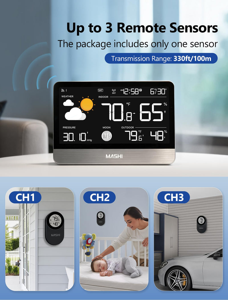MASHI Weather Station Wireless Indoor Outdoor Thermometer, Digital Weather Thermometer with Atomic Clock,8.8" Display Home Weather Stations with Weather Forecast, 5-Level Brightness,Silver