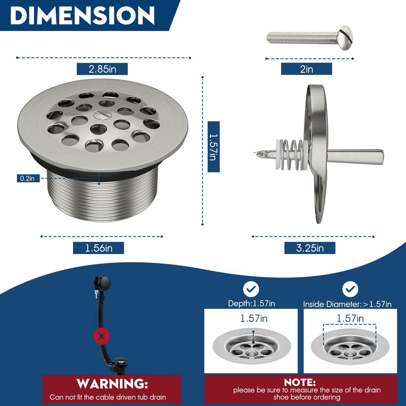 Trip Lever Tub Trim Kit Set with Two Hole Overflow Face Plate, Trip Lever Bathtub Drain with Strainer, Bathtub Drain Assembly Stopper Kit Overflow Plate and Matching Screws, Chrome Plated