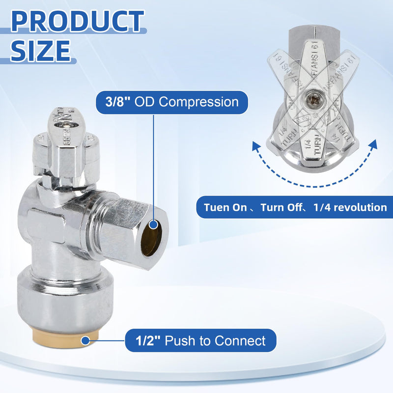 12PCS Push Angle Stop Valve 1/2"x3/8" - No Lead Brass Angle Stop Valve Push to Connect, Easy Install Sink Shut Off for Toilet & Faucet Plumbing, Durable Compression Fit Technology