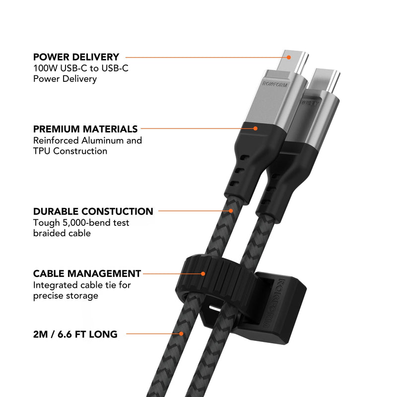 Rokform - PowerTrip 100W USB-C Charging Cable, 2m (6.6 ft), Fast Charging Braided Cable, 5,000 Bend Tested, for iPhone 15s, Galaxy S23s, or Any USB C Compatible Device (Black and Grey) 6.6ft