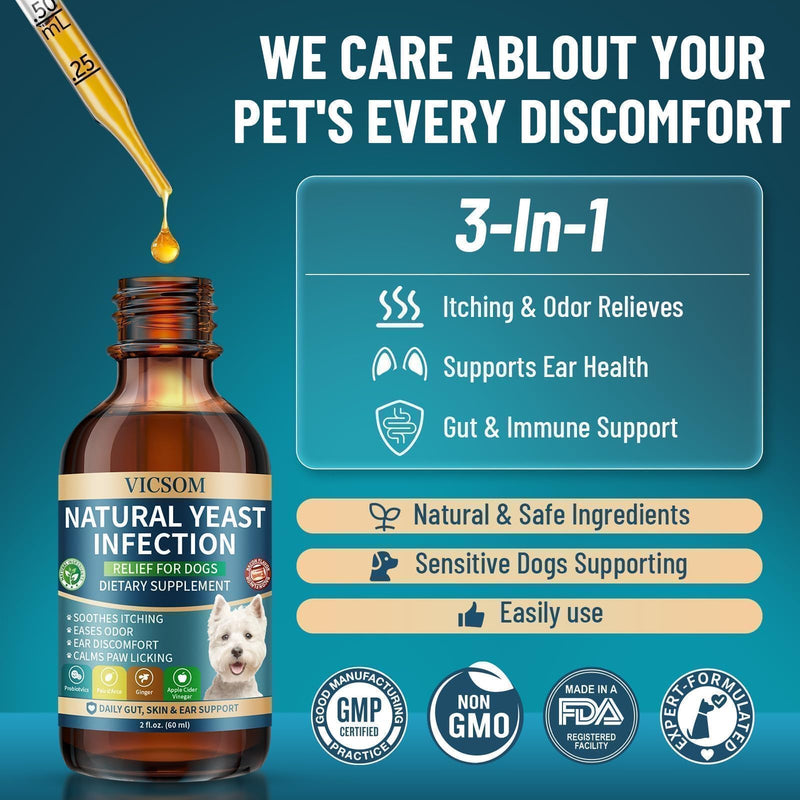 VICSOM Natural Dog Yeast Infection Treatment for Dogs, Itchy Skin & Ear Treatment Natural Support Allergy Relief, Dog Yeast Infection Relief, Support Irritation, Itching & Inflammation 60ml 1 PACK