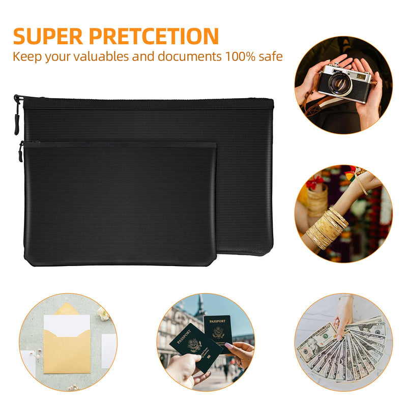 2000°F Fireproof Money Bag 2pcs, Fireproof Document Bags, 13.4 x 9.8 and 10.6 x 6.7 Inch Important Document Storage Organizer for Valuables, Safe for A4 A5 Files, Cash, Passport Tablet.
