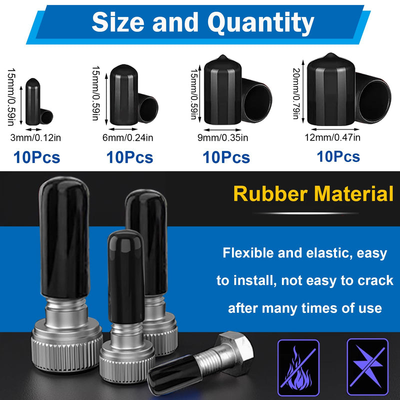 smseace 40pcs Rubber End Caps - 4 Sizes (1/8", "1/4", "3/8", "1/2 Inch) Black Vinyl Round Rubber Tip Caps for Bolts & Screws 3mm,6mm,9mm,12mm