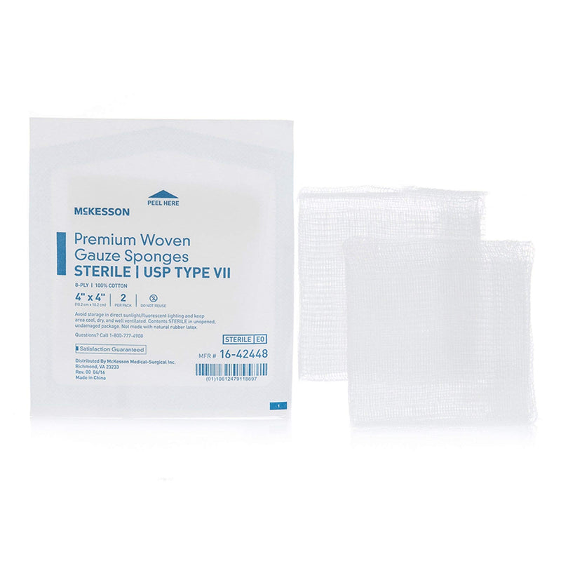 McKesson Premium Woven Gauze Sponges, Sterile, 8-Ply, USP Type VII, 100% Cotton, 4 in x 4 in, 2 per Pack, 50 Packs, 100 Total