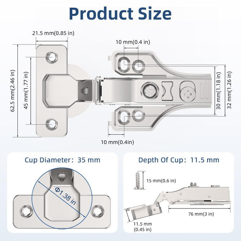 Chibery 20 Pack 3/4" Full Overlay Soft Close Concealed Hinge for Face Frame ＆ Frameless Door, 3D Adjustment, Clip-on Plate, Slow Self Closing Hidden Satin Nickel, 105° Stainless Steel Hinges, 5/8"