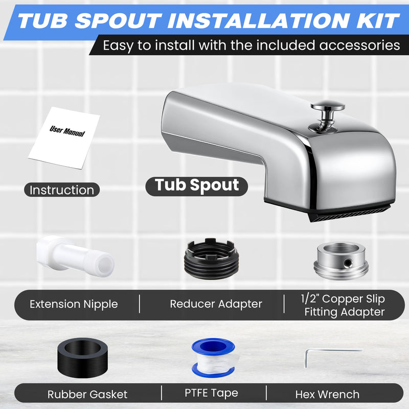 Dreyoo Tub Spout (Universal Fits 1/2" Copper Pipe, 1/2" IPS and 3/4" IPS), Bathroom Bathtub Faucet with Adapters and Hex Wrench(Chrome,Waterfall Spout) Chrome Waterfall Spout