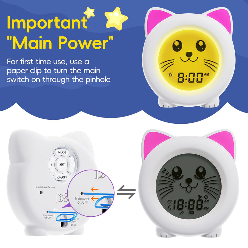 B&H Sleep Trainer Clock for Toddler - Rechargeable Kid Ok to Wake Clock, Cute Cat Girls Alarm Clock, Drop Proof, Night Light, Science-Backed Lighting for Peaceful Sleep and Ready to Rise Mornings White