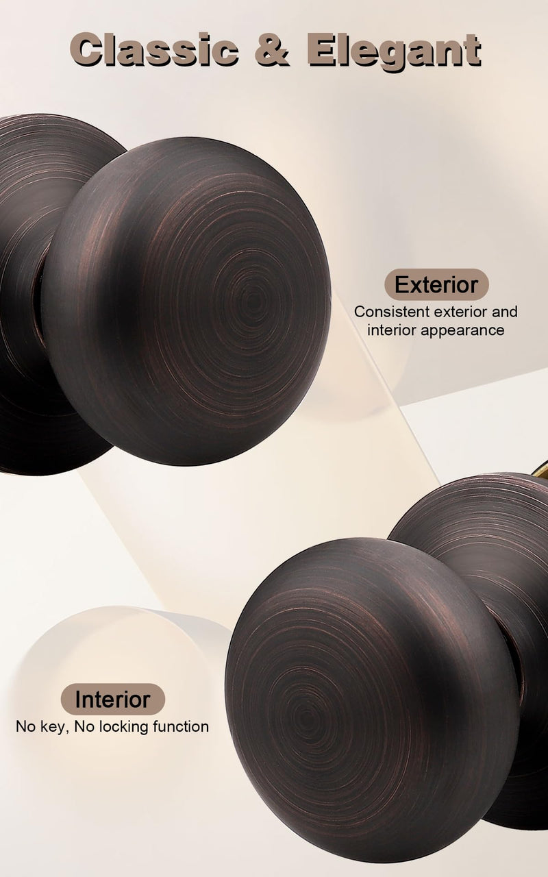 Probrico Closet Door Knob Oil Rubbed Bronze Finish, 2 Pack Standard Size Interior Door Handles with Passage Function, Flat Ball Knob for Closet and Hallway