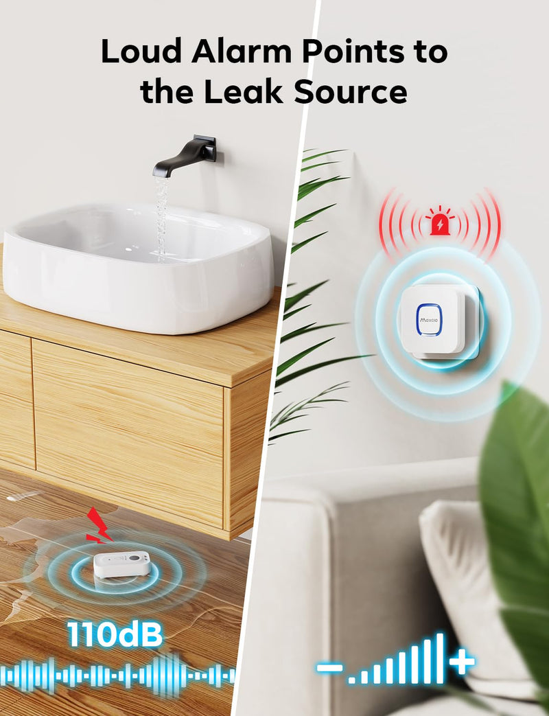 MAXCIO Wi-Fi Water Leak Detector 4 Pack, Smart Water Sensor with 110dB Adjustable Alarm, APP, SMS, Phone Notifications, 1640ft Transmission Range, Suitable for Basement, Bathroom, and Kitchen 4 sensor + Gateway