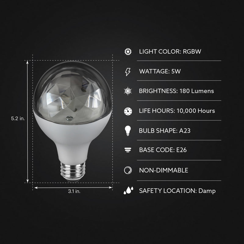 Feit Electric Multicolor Changing Disco Party LED Light Bulb, DISCO1/LED, A19, RGB, RGB Multicolor, 5.3" H x 3.15" D 1 Count (Pack of 1)