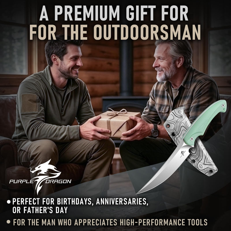Purple Dragon Hunting Knife with Sheath - D2 Steel Fixed Blade Knife with Ergonomic G10 Handle - Full Tang Survival Knives for Bushcraft, Hiking - Gift Idea for Dad Men - Jade Green