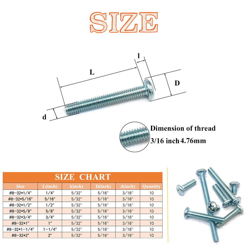 80 Pcs 8 Sizes #8-32 Machine Screws Knob Screws Cabinet Screws Electricians Screws, Carbon Steel Zinc-Plated Phillips Pan Head Machine Screws Assortment Kit #8-32-8Size-80P