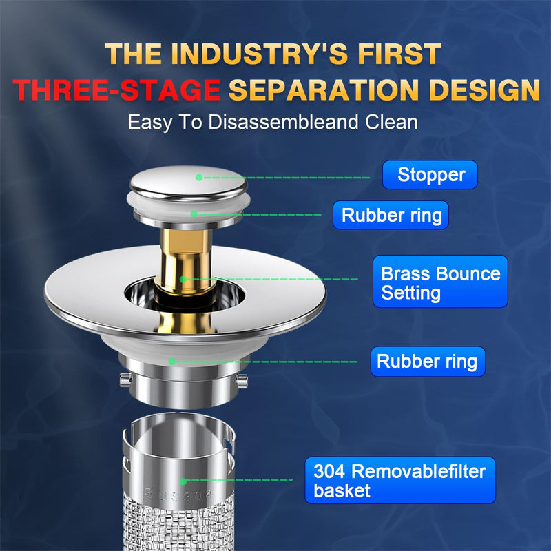 Bathroom Sink Drain Strainer, Pop Up Sink Drain Filter with Removable Stainless Steel Filter Basket Hair Catcher, Bathroom Sink Drain Stopper, for Us Bathroom Sink Stopper Replacement (2pcs) 2pcs