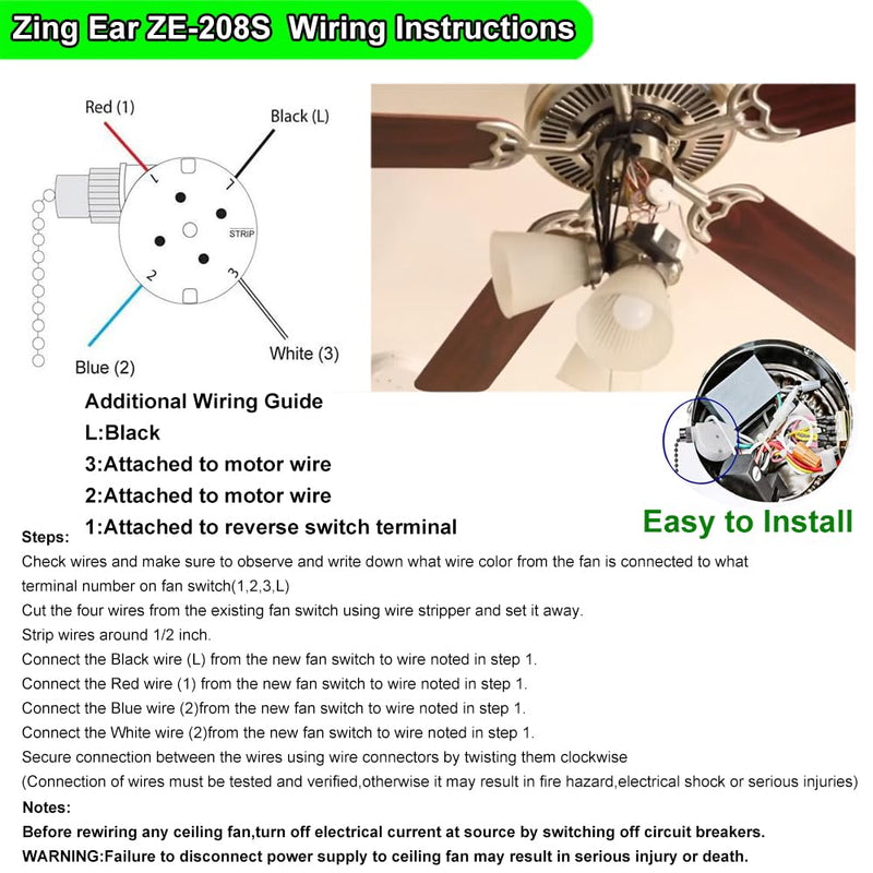 Ceiling Fan Switch Zing Ear ZE-208s E89885 with 4 Pre-Installed Wires 3 Speed 4 Wire Pull Chain Switch Fan Light Switch Replacement Part (Bronze Chain)