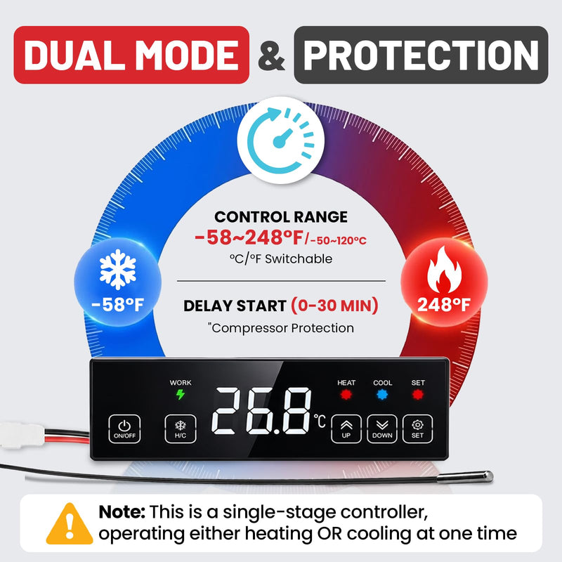 30A Digital Temperature Controller 120V, ℃/℉ Switchable Touchscreen Heating Cooling Thermostat with -58℉ to 248℉ Range, 6.6ft Sensor for Garage Automation, Electric Brewery, Workshop, BBQ 1