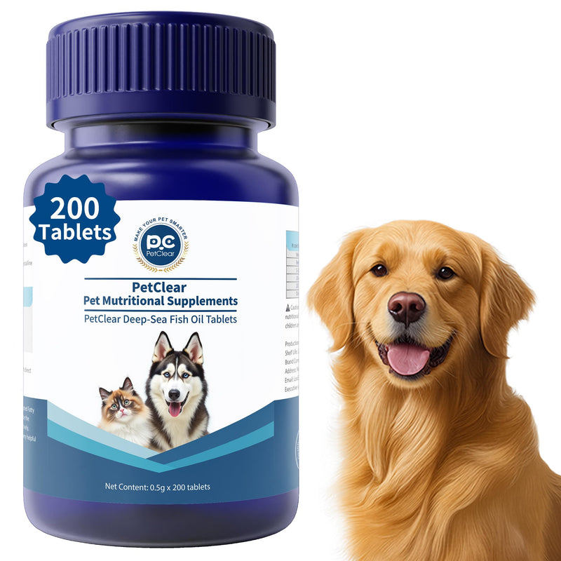 Dog Fish Oil Supplements, 200 Tablets, with Salmon Oil, Vitamins A, D3, E, Support Shiny Coat, Itching and Dry Skin, Reduce Shedding, Support Heart Health (1 Bottle) 1 Bottle (200pcs in total)