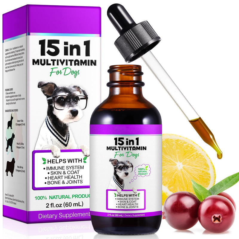 Dog Multivitamin Liquid Drops - 15 in 1 with Glucosamine, MSM & Cranberry, Supports Joint, Skin & Coat, Immune, Heart & Urinary Health, 2 fl oz for dog 1 pack