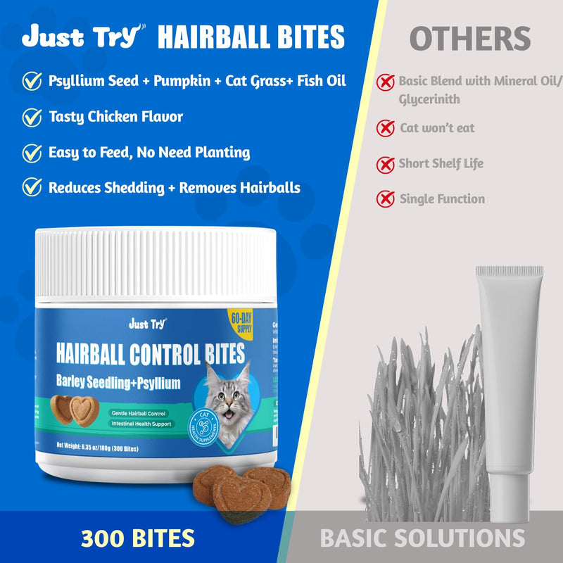 Just Try 300 Bites Hairball Control Cat Treats - Hairball Treatment & Relief for Cats - with Cat Grass, Pumpkin, & Omega-3 Fish Oil, Crunchy Chicken Flavor Crunchy Bites Hairball Support