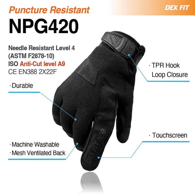 DEX FIT Puncture & Needle, A9 Cut Resistant Gloves NPG420 - Steel Layers, Firm Grip, PU Leather Patch, Touchscreen, Comfortable & Durable Work Gloves for Police, Airsoft; Black L 1 Pair Large (1 Pair)
