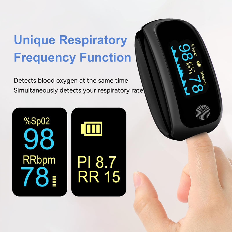 Rechargeable pulse oximeter with respiration, with O2 Pulse Rate PI RR Respiratory Accurate Reliable Oximeter SpO2 Reading Not for medical use Black