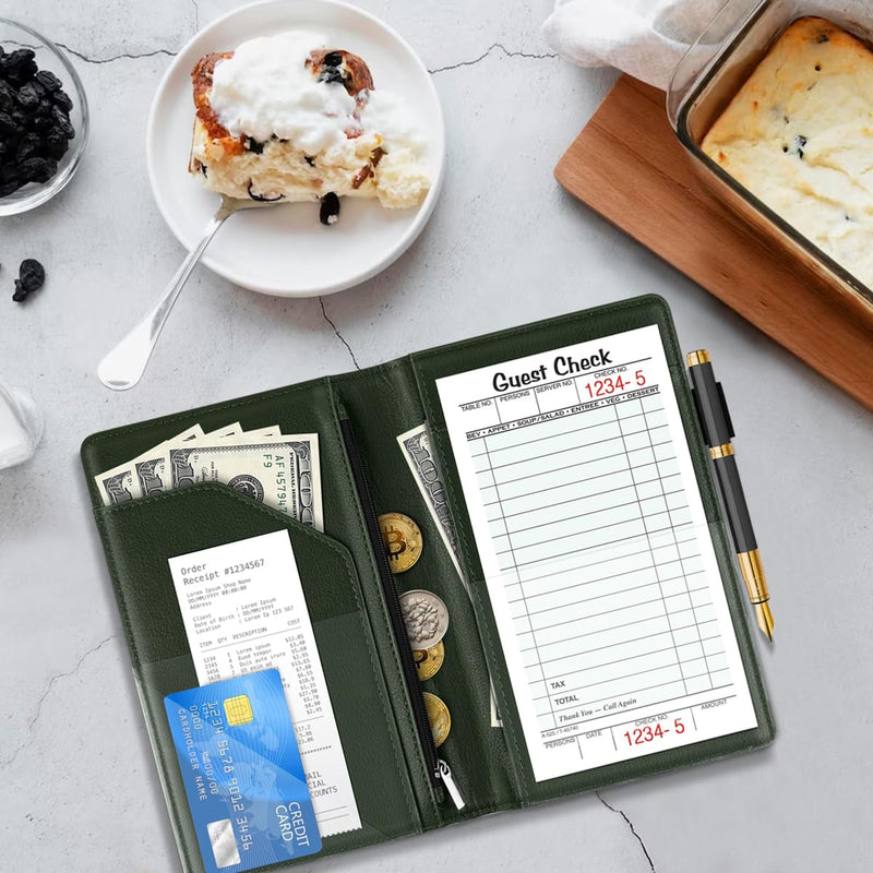 WAVEYU Cute Server Books for Waitress Waiter, Leather Guest Book Note Pad with Zipper, Money Organizer Wallet, Cash Check Bill Receipt Holder Presenter, 8x5 inch, Green Flower