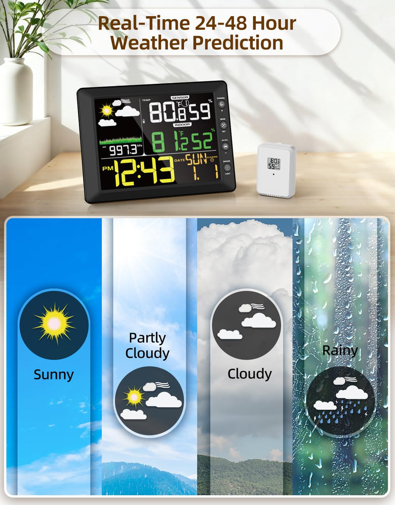 DOOMAY Indoor Outdoor Wireless Weather Station | Digital Thermometer Hygrometer Monitor with Barometric Pressure, Weather Forecast, Alarm Clock & Temp/Humidity Calibration