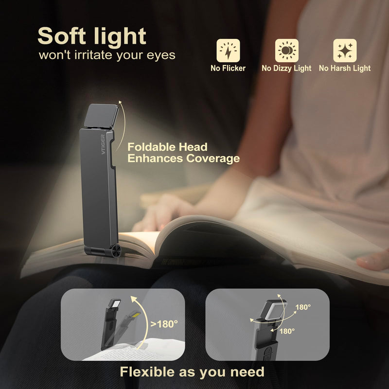 VTIGER Reading Light, USB Rechargeable Book Light for Reading in Bed,Foldable Clip-on LED Booklight, 3 Amber Colors & 4 Brightness Dimmable,Long Lasting Portable Bookmark Lamp for Book Lovers, Kids Gray
