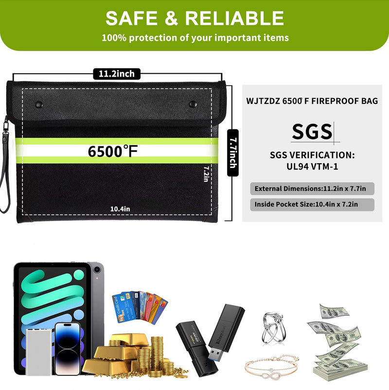 6500°F Fireproof Document Bag,Upgraded Fireproof Money Bag with Waterproof Zipper,10 Layers Heat Insulated Materials/Reflective Strip with Handle for Important Documents（Not Suitable for A4 Files） Deep Black Medium Size