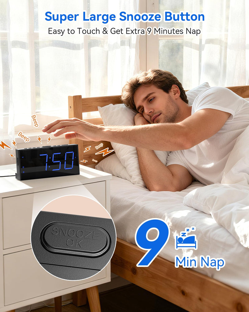 Simple Digital Alarm Clock for Bedroom - Easy to Use with Large 7.5" Display, Dual Alarms, Dimmable, USB Charger & Battery Backup, 12/24H & DST - Plug-in Electric Clock for Heavy Sleepers, Kid, Senior Blue Digits