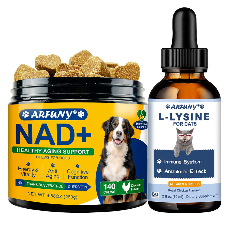 NAD+ Soft Chews for Dogs & L-Lysine for Cats - for Dogs Energy & Vitality, Anti-Aging, Cognitive Function - for Cat Feline Respiratory, Sneezing, Runny Nose, Eye Function