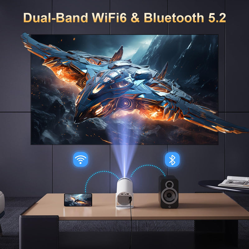 Mini Projector with Latest Android 13 - Portable Projector with WiFi 6 Bluetooth 5.2: Built-in Apps, 4K/1080P Support, Auto Keystone, 180° Rotatable, 40"-130" Movie Video Projector for Indoor/Outdoor D1-HY300-Manual Focus