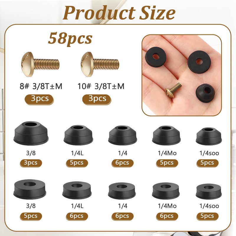 Hose Bib Repair Kit, 58 PCS Faucet Washers Assorted Kit Flat and Beveled Replacement Rubber Washers, Faucet Leak Proof Sealing Gasket Outdoor Faucet Repair Kit with Brass Bibb Screws