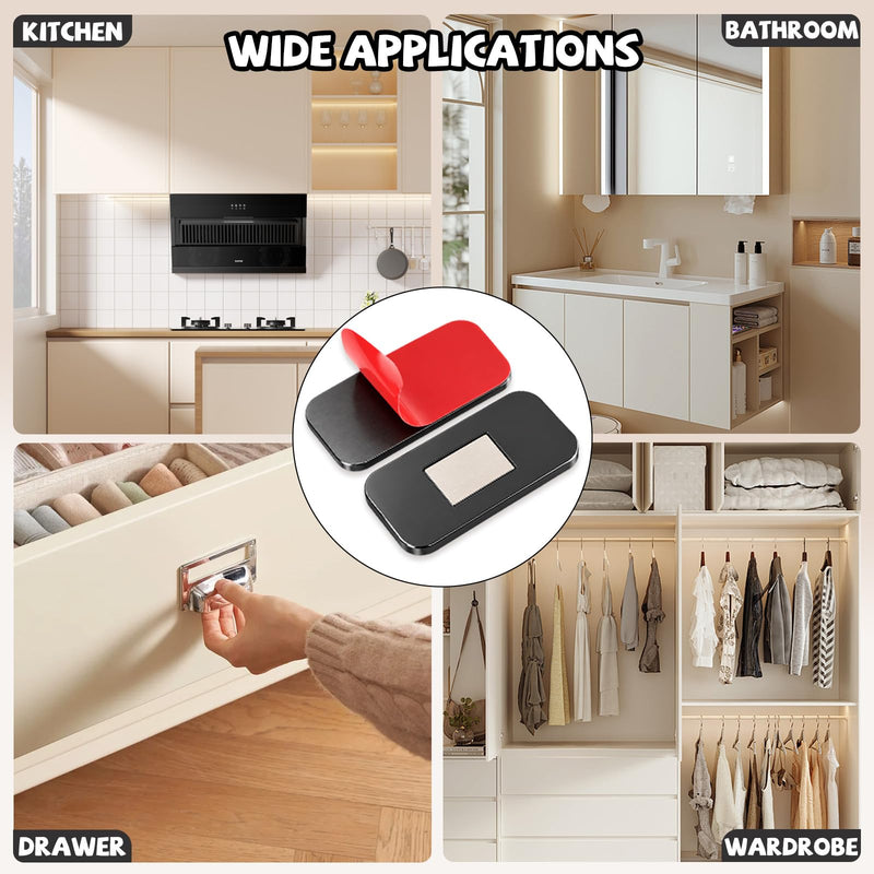24 Pack Ultra Thin Cabinet Magnets for Closure Magnetic Cabinet Locks Adhesive Door Catch Drawer Magnets Stainless Steel Drawer Latches Easy to Install for Kitchen Bedroom Closets 1.6" x 0.8"(Black) Black