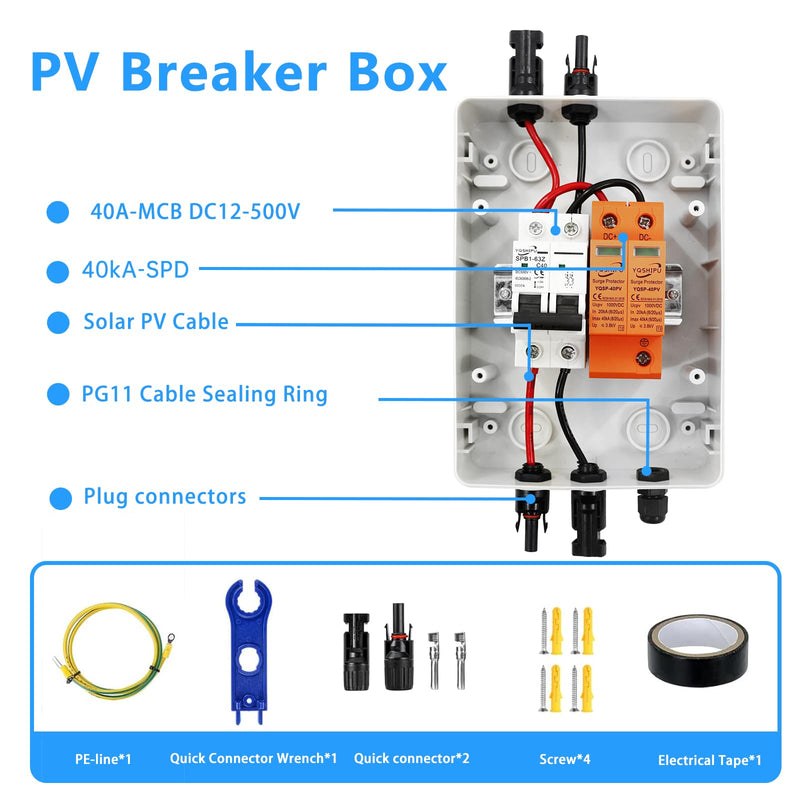 Solar Disconnect Switch, PV Combiner Box 1 String 1000V 40A Solar Surge Protector, IP65 Waterproof, Plug & Play Outdoor Solar Panel System 1String(1in1out)